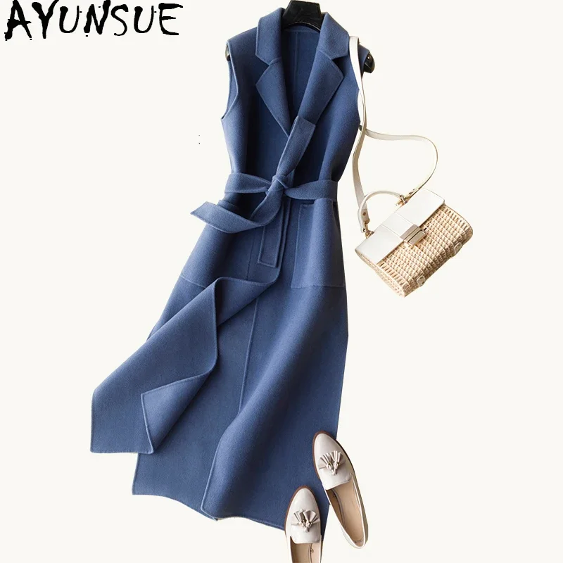 

AYUNSUE 2020 Autumn Winter Women's Vest Wool Coat Female Long Vests With Belt Waistcoat for Women jaqueta feminina FG8305