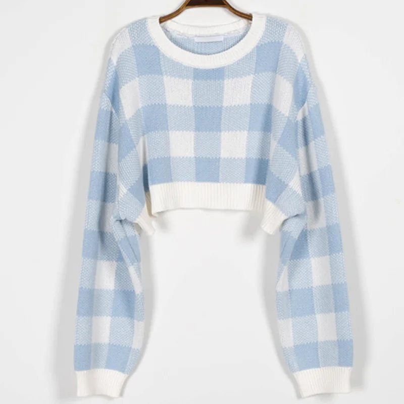 Pullovers Women Checkerboard Crop Knit Sweater Long Sleeve Crew Neck Box-fit Plaid Jumper Outfit