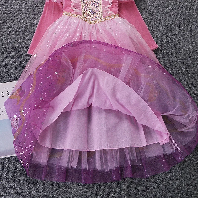 Princess Sophia Dress Autumn Winter Pink Girls' Birthday Party 2-10 Years Old Kids Velvet Long Sleeved Rapunzel Cosplay Clothing