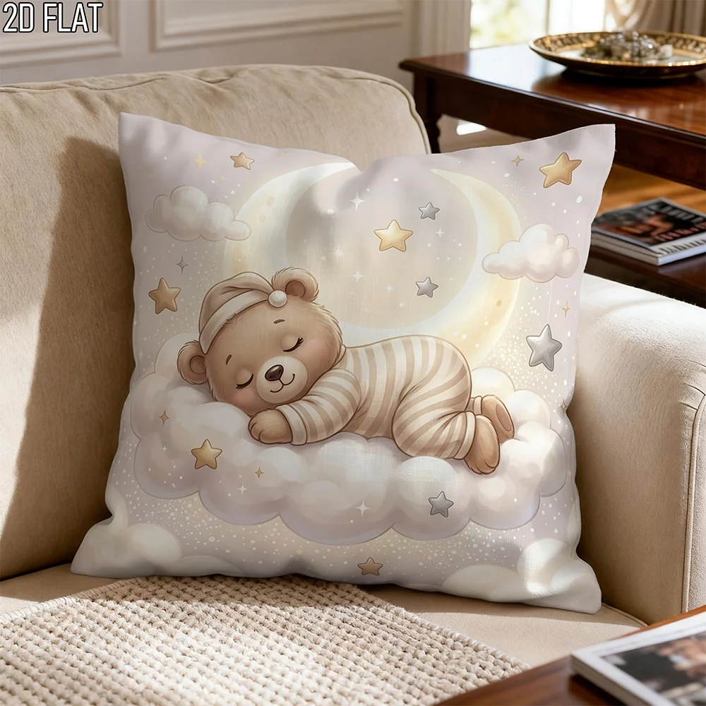 1pc Cute Sleeping Teddy Bear Moon Star Throw Pillow Cover Cozy Nursery Home Decor Cushion Case