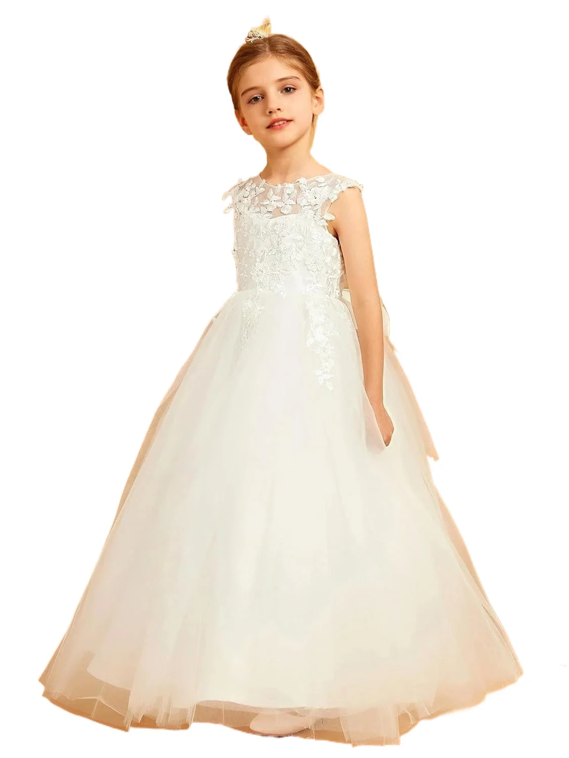 Abiti da ragazza di fiori con applicazioni in pizzo per matrimonio Abito da prima comunione in tulle Abito da ballo senza maniche con abiti da festa con papillon