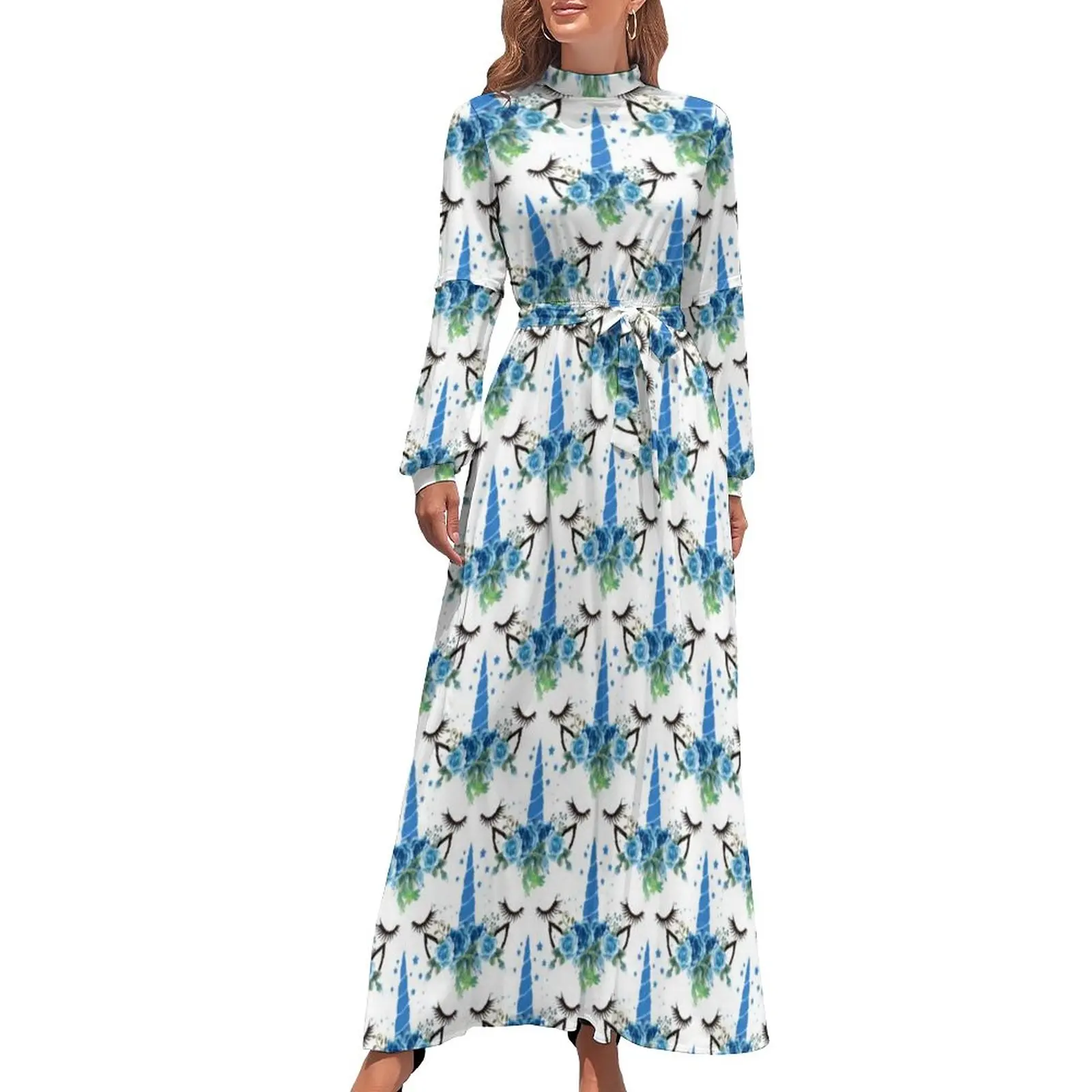 Cute Unicorn Dress High Waist Blue Floral Headdress Print Boho Dresses Long-Sleeve Street Fashion Long Maxi Dress Trendy Vestido