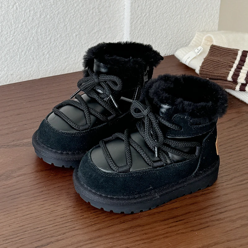 Fashion Winter Boots For Children Genuine Leather + Waterproof Cloth Sneakers Boots For Girl Winter Thick Warm Plush Baby Walker