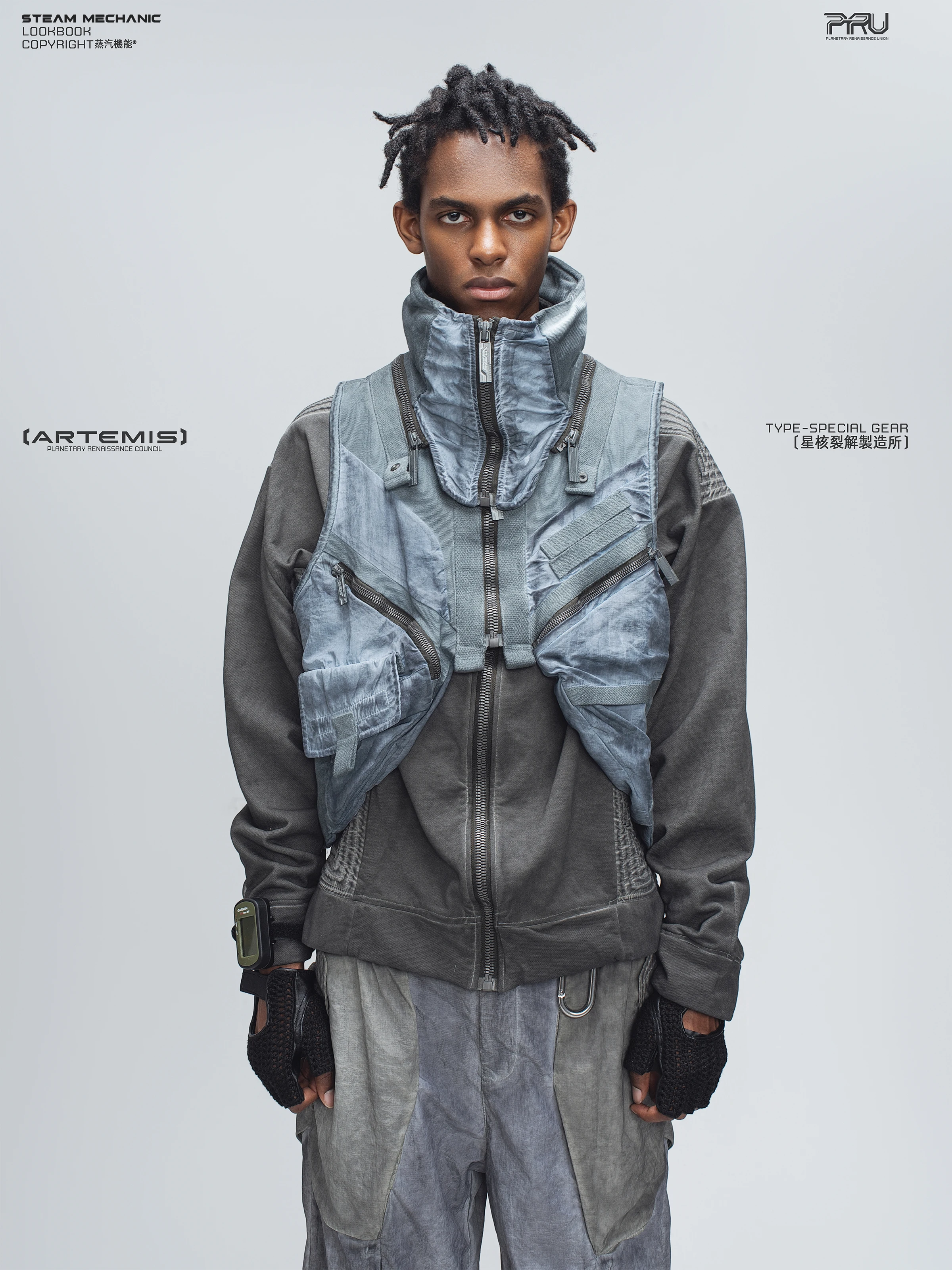 

STEAM 25AW Water-washed distre Techwear Workwear-inspired wasteland style sleeveless vest asymmetrical 3D pockets detachable