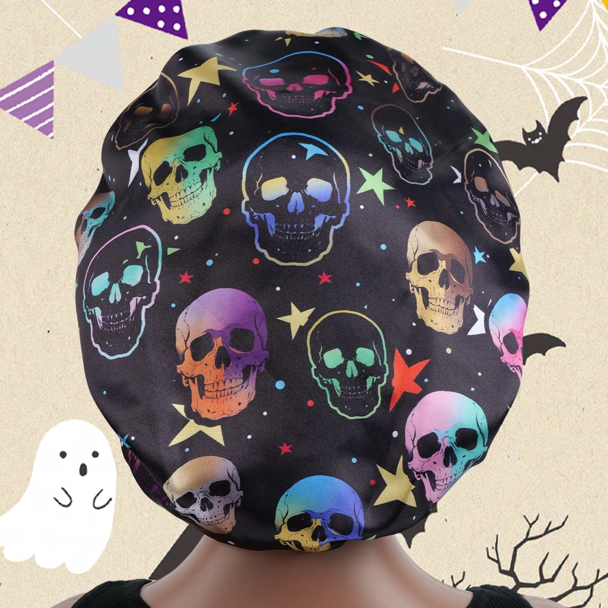 1PC Skull Halloween Shower Cap - Women/Man onnet with Wide Brim for Bath, Party, Costume & Spooky Look Bonnet