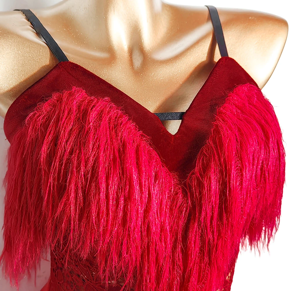 Sleeveless Tango Dress Fluffy Samba Red Women's Sexy Sling Strap Latin Dance Clothing Practice Clothes Performance Use