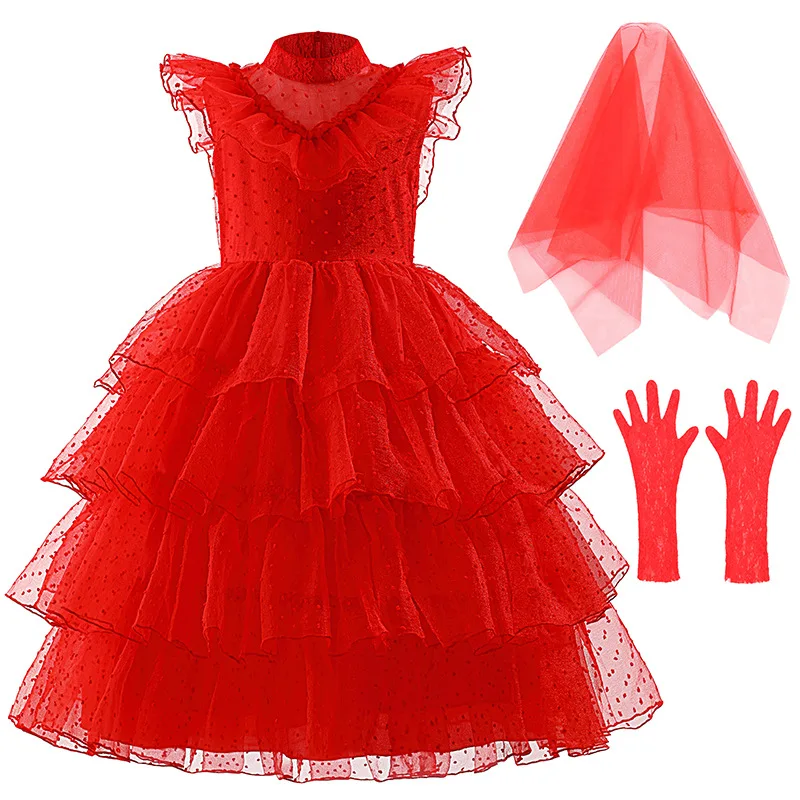 2-14Y Girls Red Horror Ghost Bride Cosplay Dress Kids Lydia Deetz Tulle Gown Halloween Christmas Party Dress Up With Veil Gloves