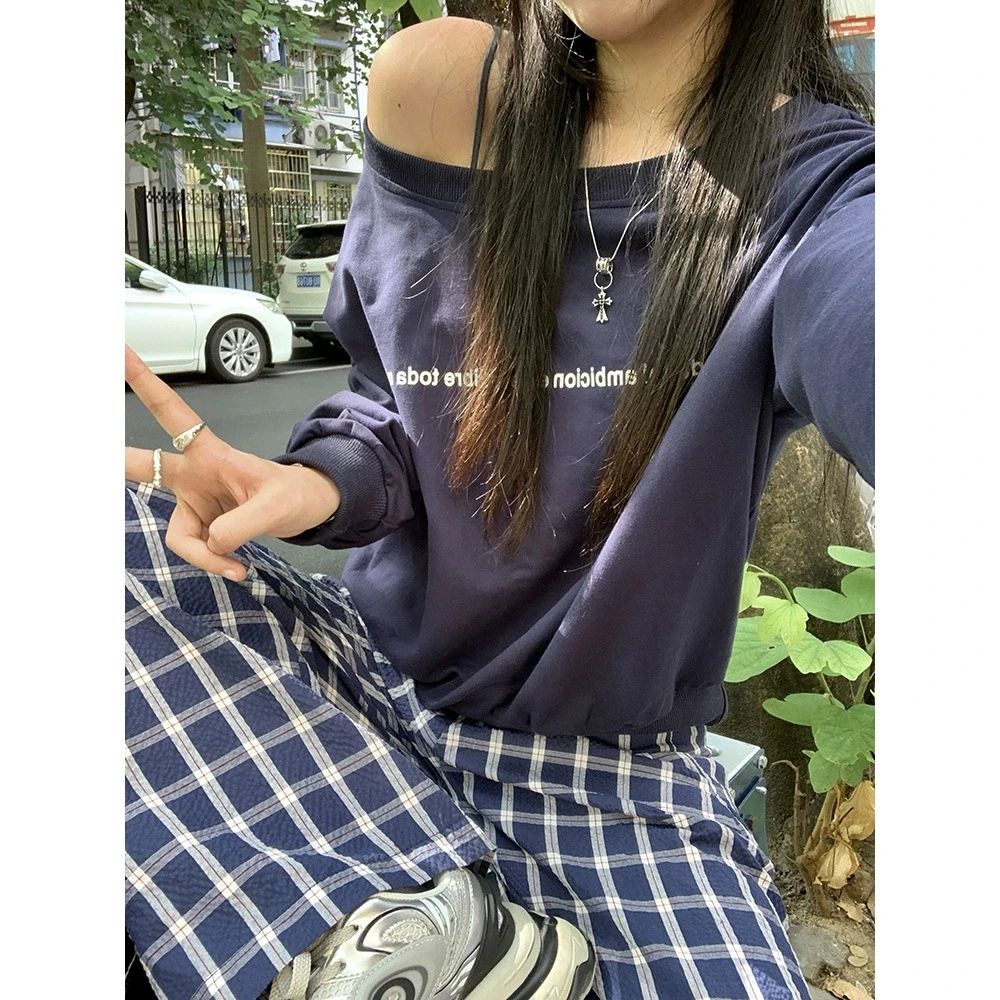 American Lazy Style Shoulder Bared Long Sleeve Hoodie Women's Spring Autumn Grey Loose Slimming Sweet And Spicy Shoulder Bare...