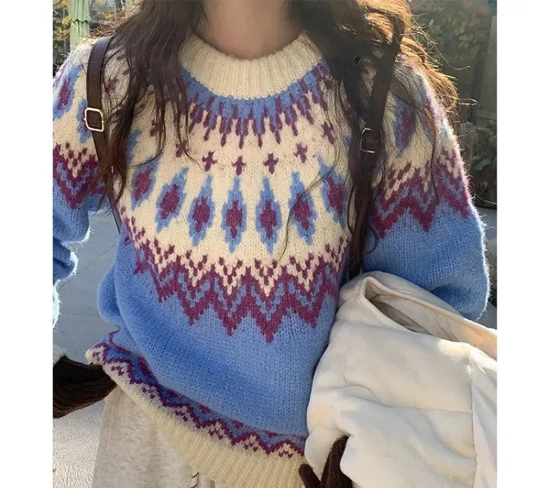 

Pink Floral Knit Sweater Women's Winter Thickened College Style Pullover Knitted Sweater