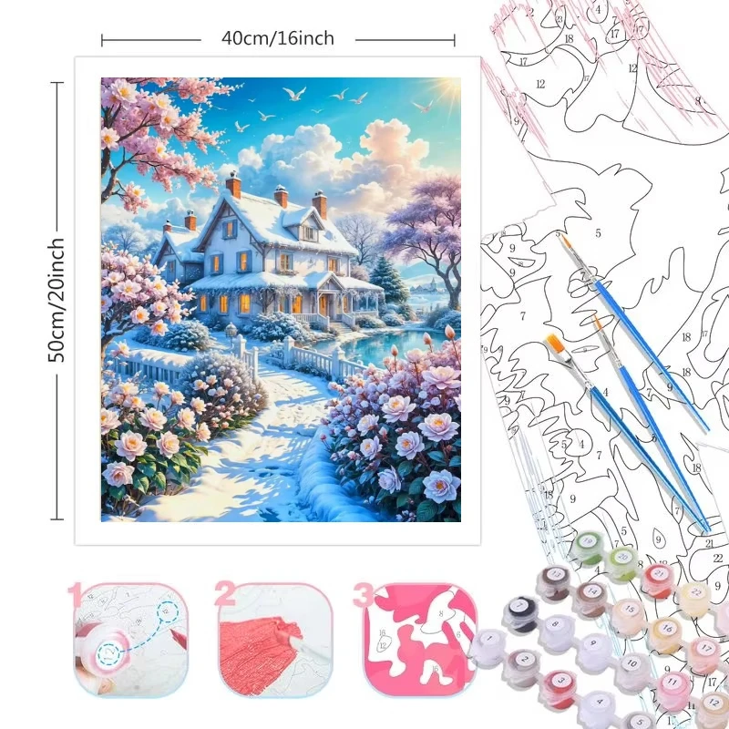 Paint By Numbers Snow House DIY Frameless HandPainted Wall Art Coloring Painting for Living Room Home Decoration Unique Gift