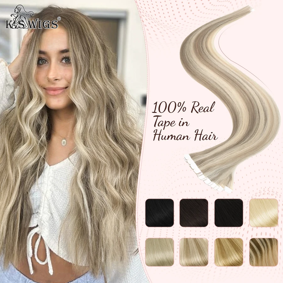 K.S WIGS Mini Tape In Human Hair Extensions Straight Seamless Skin Weft Invisible Natural Non-Remy Human Hair Adhesive Extension