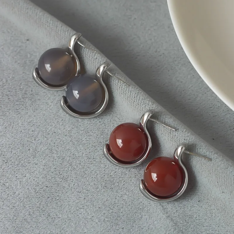 Spring Autumn New Arrival Grey, Wine Red Agate Ball Beads Earrings Star Same Style New Chinese Simple Fashion Advanced Simple