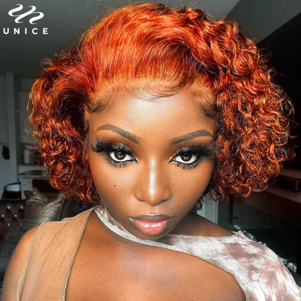 UNice Hair #350 Ginger Color Short Curly Bob Wig Pixie Cut 13x1 Lace Front Wig Human Hair Lace Wigs