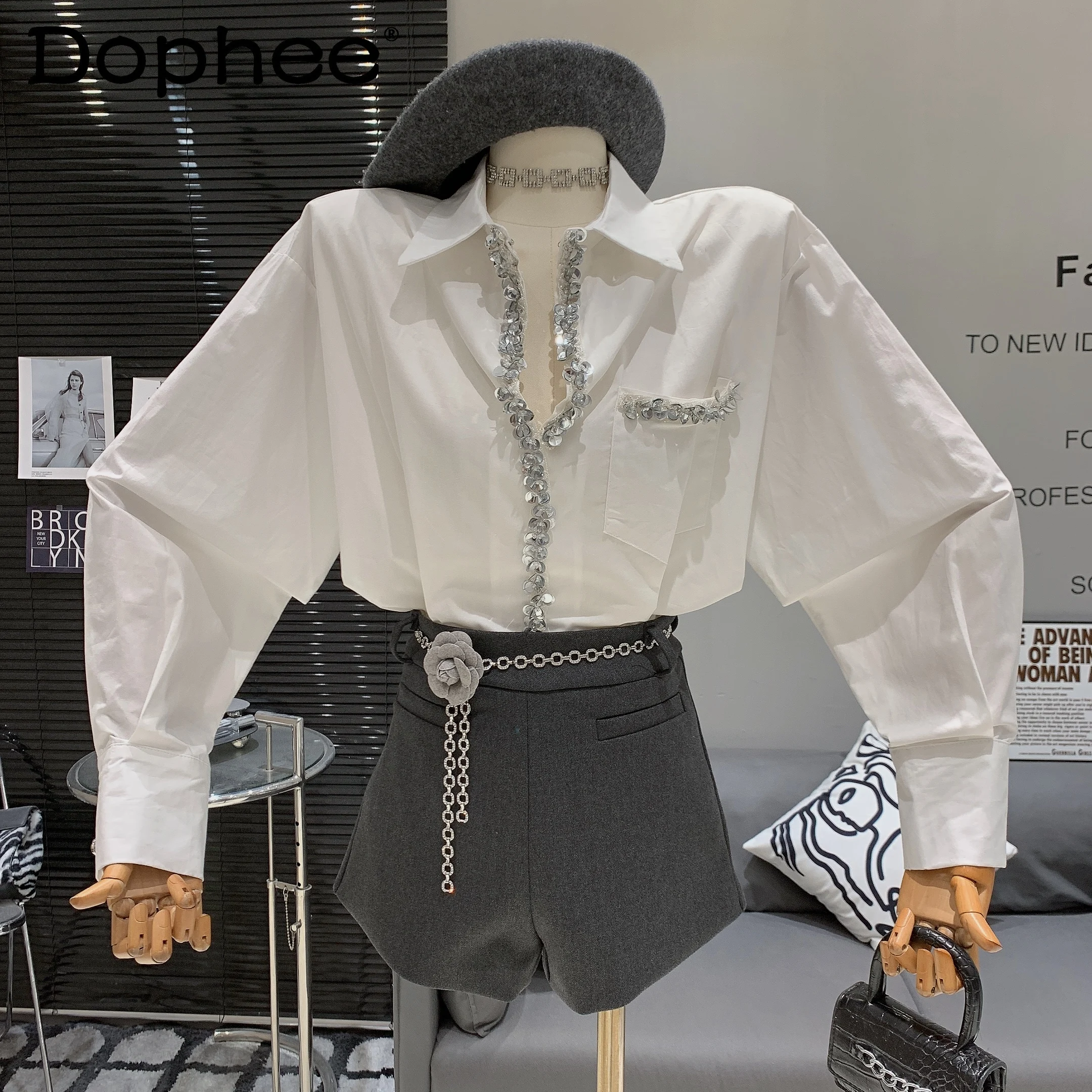 

Korean Luxury Heavy Industry Sequined Splicing Embellished Loose Shirt Women Spring New High Waist Casual Shorts Sold Separately