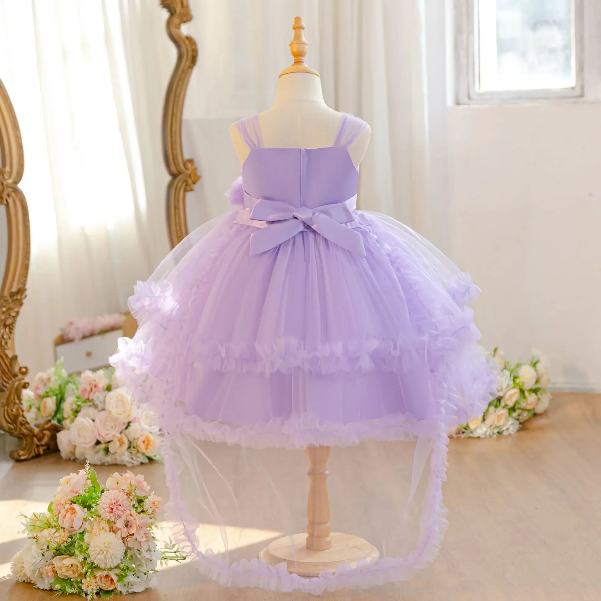 Baby Girl Party Princess Dresses Long Tail Kids Wedding Graduation Kindergarten Holiday Ball Gown Beading Sash Child Gift
