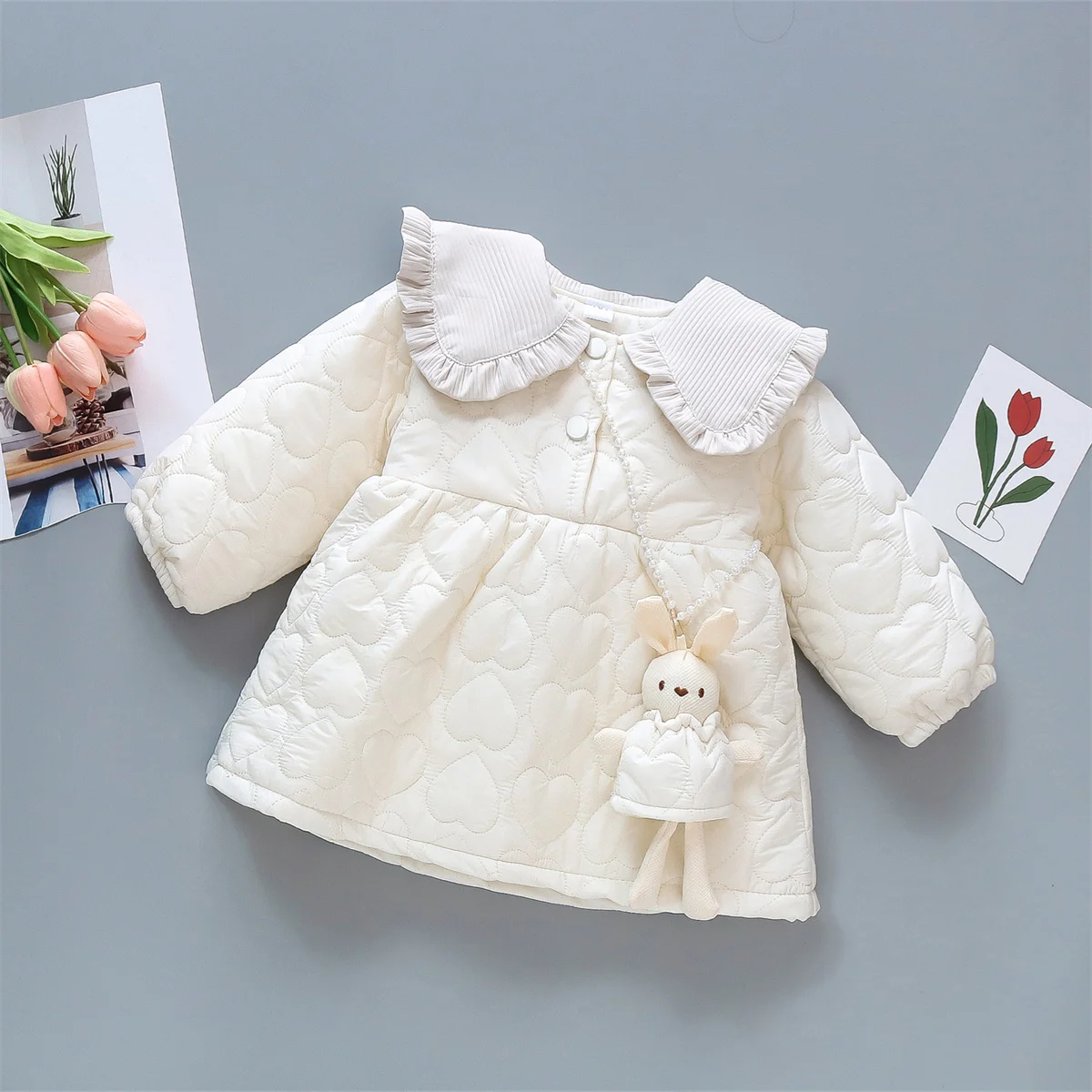 Winter Girl Baby Cute Rabbit Cartoon Cotton Coat Full Of Love Lace Doll Tie Small Accessories Solid Loose Sweet Cotton Coat