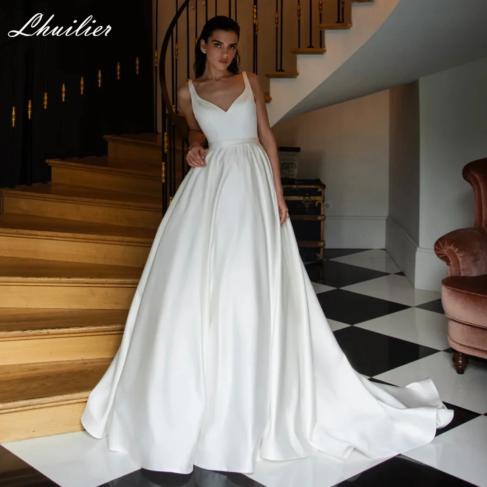 Lhuilier Customized A Line V Neck Satin Wedding Dresses V Backless Sleeveless Bridal Gowns with Court Train