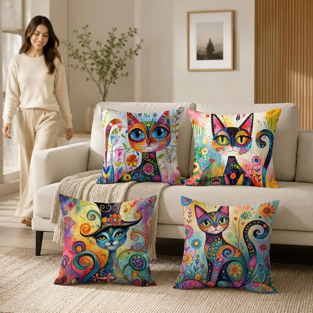 Colorful Fantasy Cats Cushion Cover Soft Short Plush Double-Sided Printing Home Decor Machine Washable Pillow Case Gift