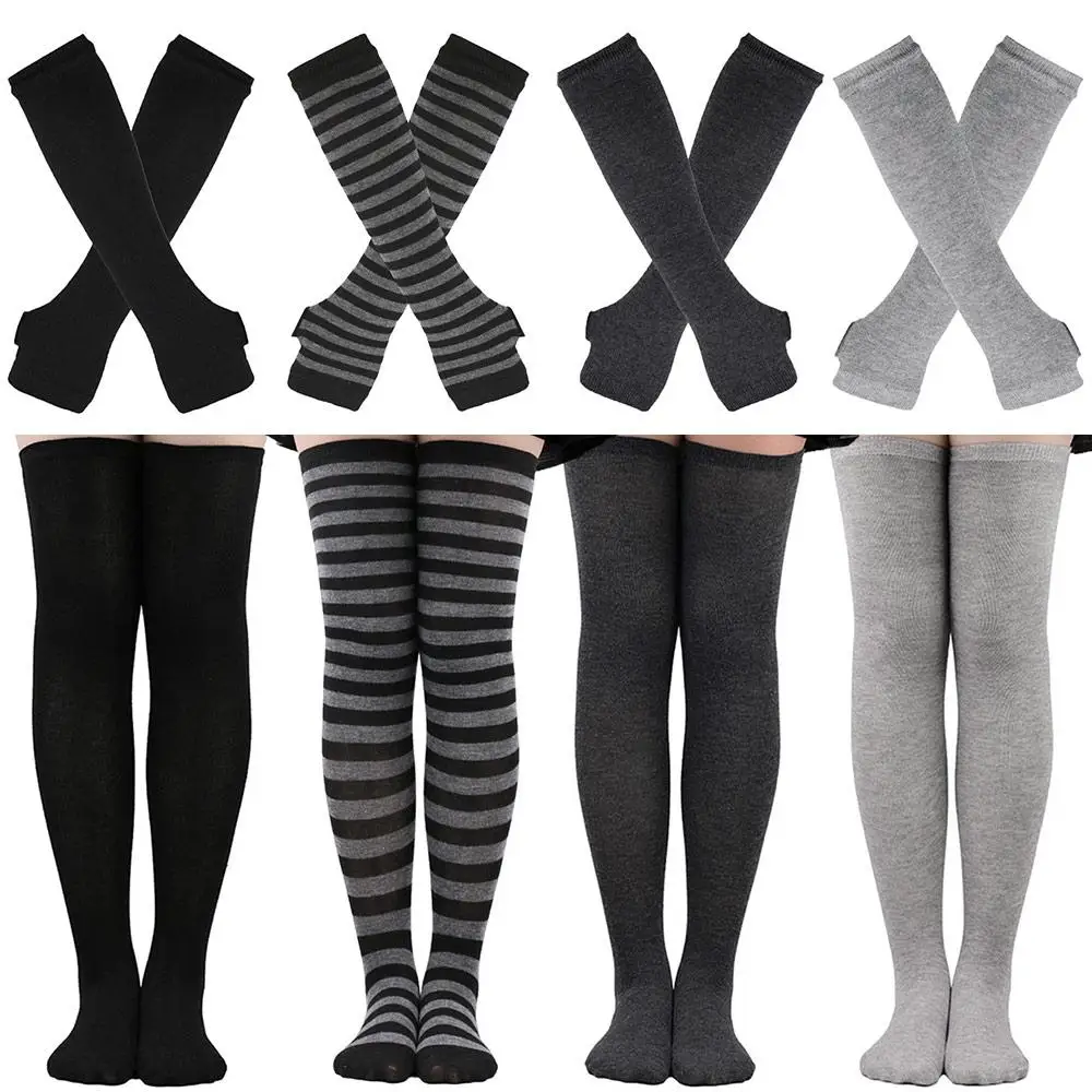 for Halloween Costume Arm Warmer Knee High Socks Set Gothic Warm Y2K Lolita Fingerless Gloves Holiday Cosplay Striped