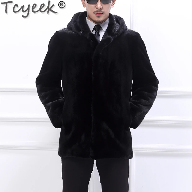 Tcyeek Whole Mink Fur Jacket Real Fur Male Coat 2023 Winter Warm Natural Mink Fur Mid-long Coats Men Clothes Hooded 9xl Jaqueta