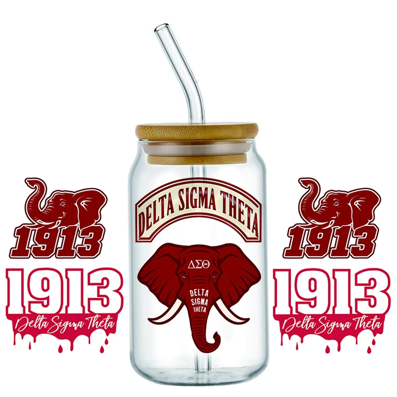 Delta Sigma Theta Sorority UV DTF Sticker For 16oz Glass Cup Can Wrap Transfer Decal Sticker Custom Labels DIY Logo Party Gift