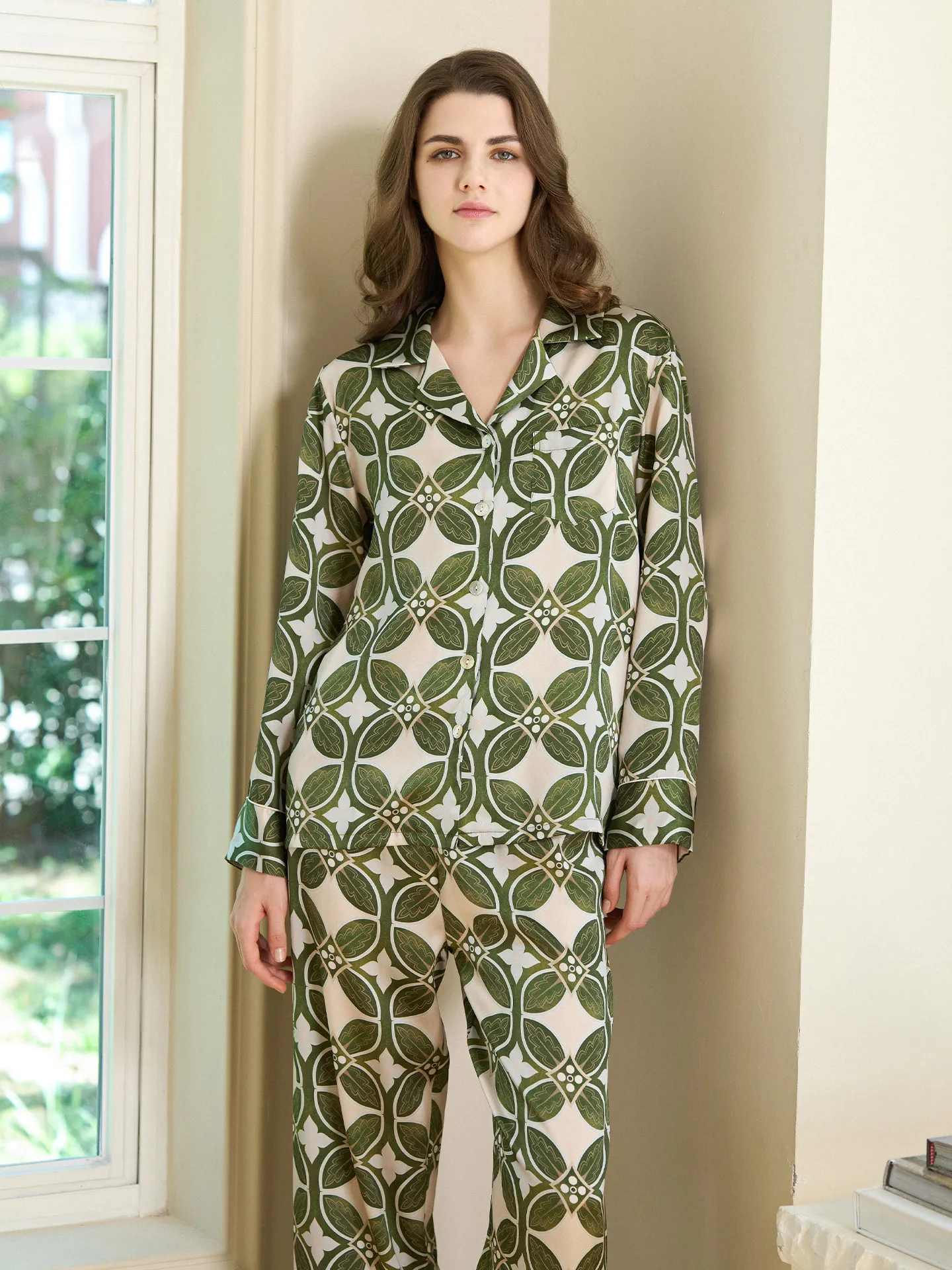 Heavyweight 100% Mulberry Silk Floral Spring Women's Pajama Set Elastic Satin Nightwear Long Sleeve Trousers PJ Luxury Loungwear