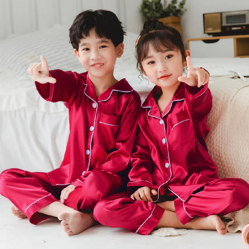 Conjunto de Pijama de satén de seda para niños y niñas, ropa de dormir de color liso, para otoño