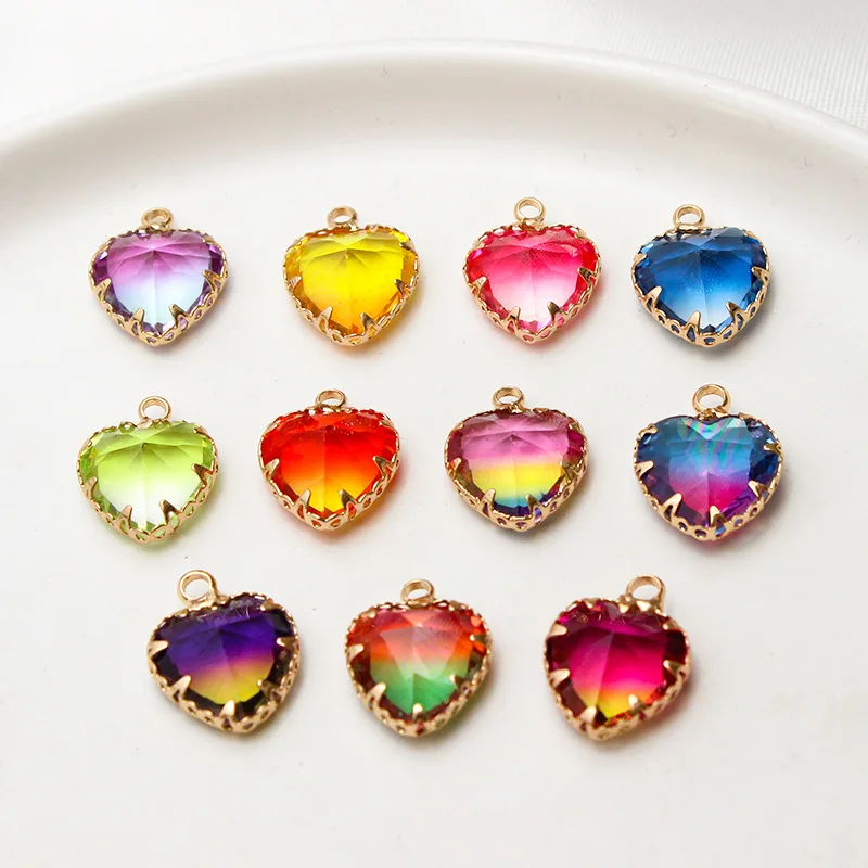 1pcs Diy Accessories Copper Edging Glass Crystal Gradient Heart Pendant Gold-plate Antique Earrings Material Handmade Charms