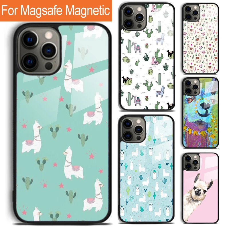 Cartoon Alpaca Llama Phone Case For iPhone 16 15 14 13 12 11 Pro Max Plus Magsafe Magnetic Wireless Charging Cover