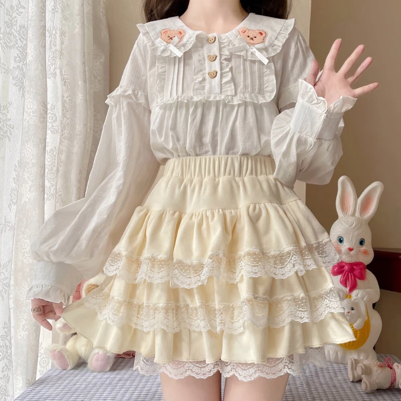 Japanese Kawaii Girl Sweet Cute Lolita Shirt Y2k Aesthetic Cartoon Embroidery Blouse Tops Women JK Loose Button Blusas Femme