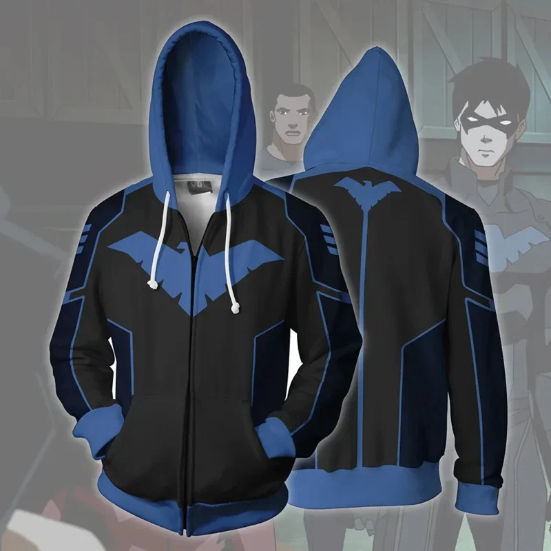 A 2023 New Autumn Winter Man 3D Print Nightwing Cosplay Zip Up Hoodie Hooded Jacket Clothing Halloween Party Prop