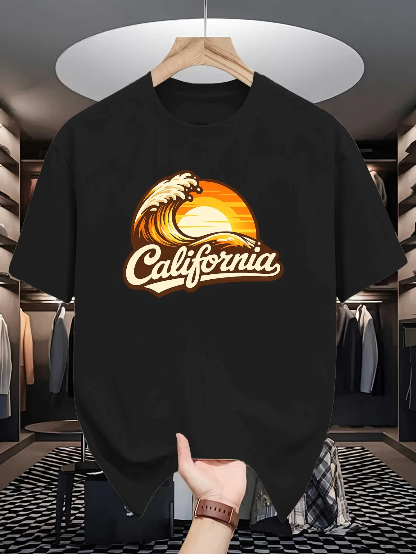 Camiseta de Cuello Redondo Beige para Hombre, Diseño Vintage con Logotipo Cursivo de California, Ola Gigante, Atardecer Naranja, Surf, Costa, Retro, Vacaciones, Algodón