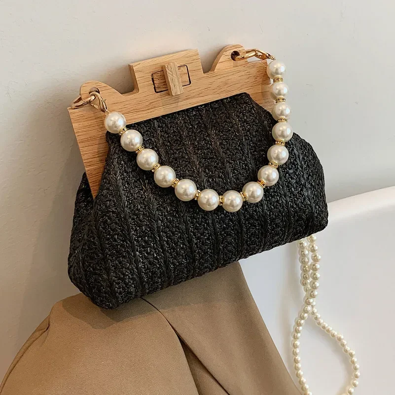 2024 Women's Bag New Grass Knitted Pearl Crossbody Bag with Grip Texture Wooden Handle, Unique Weaving Handbag