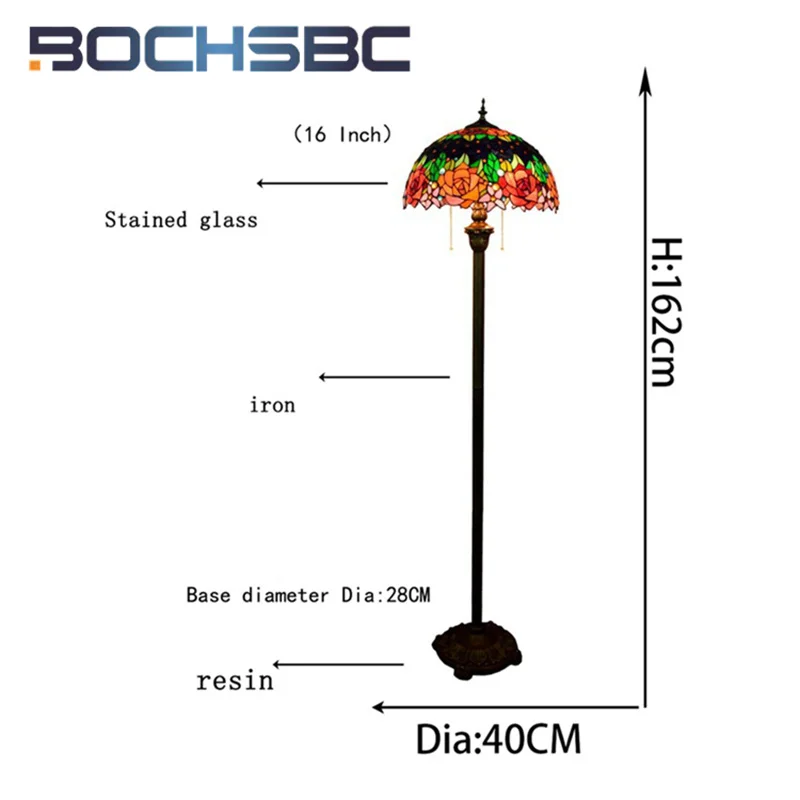 BOCHSBC Tiffany Stained Glass Vintage style 16-inch floor lamp Art Deco Living Room Dining Room Bedroom Bar Rose tray lamp