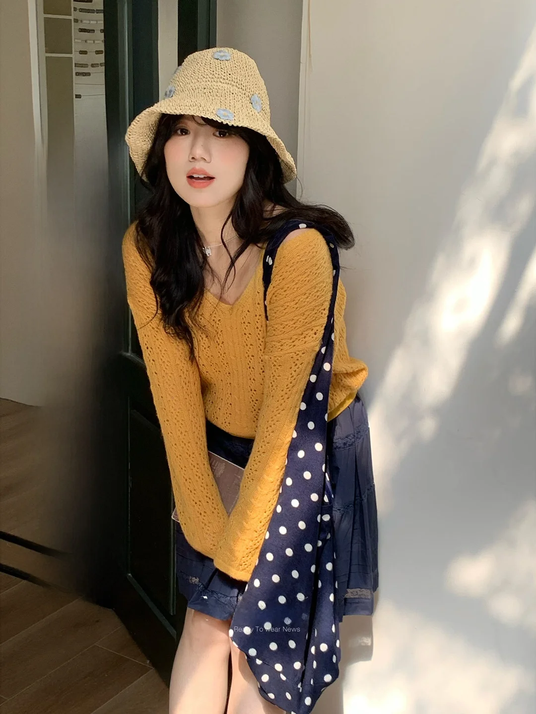 

Mimi Butter Cloud Yellow Sweater Set plus Size Faionable Spring High Waist Dot Pattern Long Sve White Enhancing Bundle