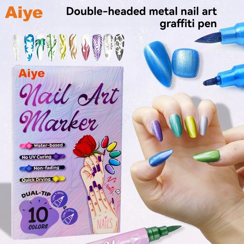 10 Metallic Color Acrylic Paint Pen Set, Nail Polish Pens Nail Point Graffiti Dotting Pen Drawing Liner Brush for DIY Nail Art