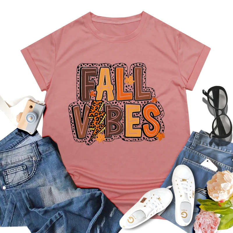 vintage Fall Vibes Leopard Graphic Woman T-shirts fall for jesus classic top Gift For Christian Faith Based Short sleeve T-shirt