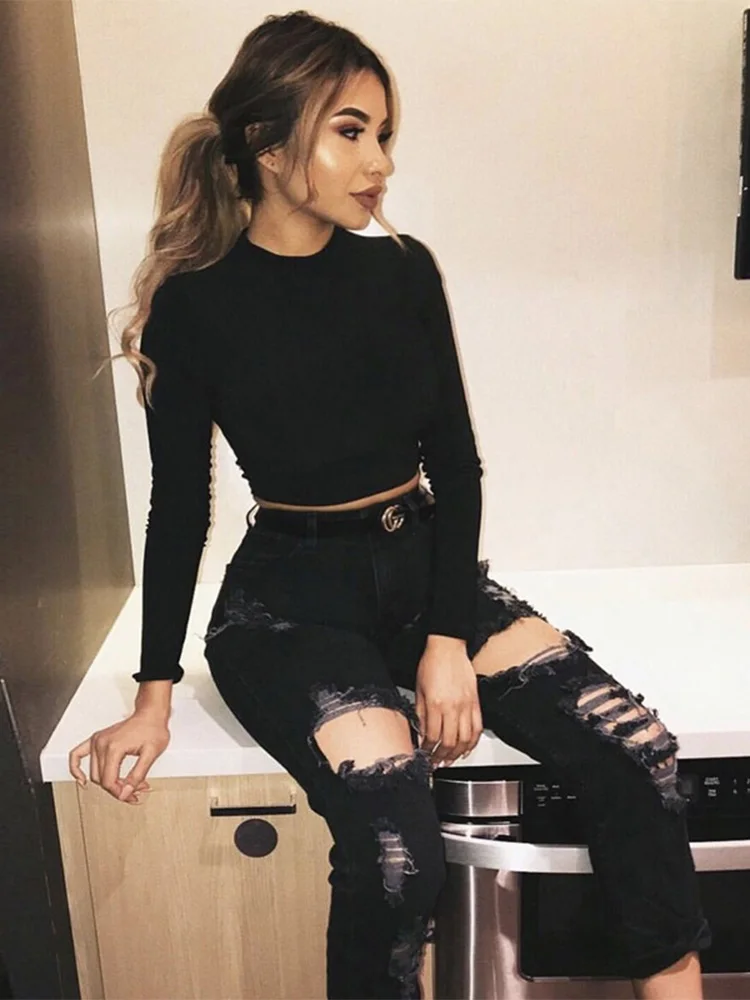 Long Sleeve Crop Top Women Shirts Harajuku Korean Black Burgundy Sexy Clothes Turtleneck Basic Short T Shirt Femme 2019