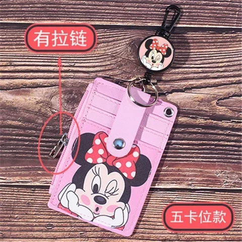 Disney Anime Mickey Hanging Neck Retractable Card Holder Campus Cartoon Stitch Id Card Shell Leather Case Bus Card Bag Gift