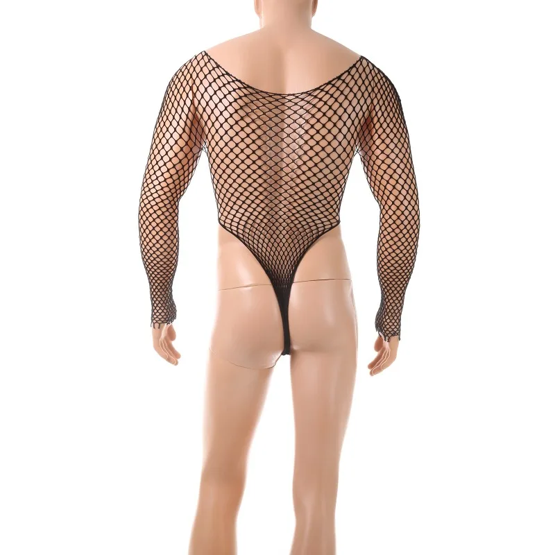 رجل مثير طاقم الرقبة طويلة الأكمام شبكة صيد السمك جوفاء البرية إغراء بذلة الملابس الداخلية