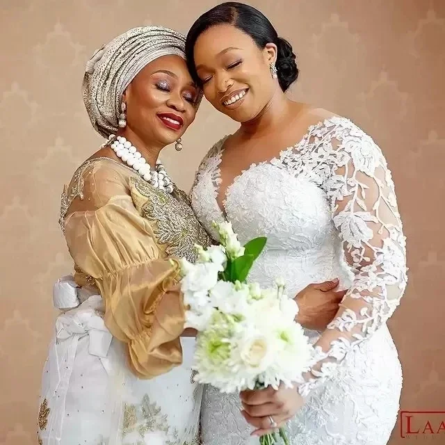 

Customized Gorgeous Arabic Aso Ebi Lace Beaded Mermaid Wedding Dresses Sheer Neck Long Sleeves Plus Size Bridal Gowns