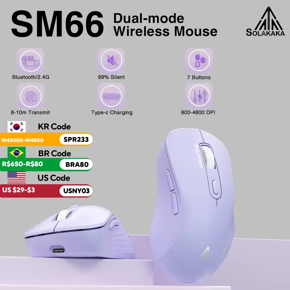 SOLAKAKA SM66 Silent Dual Mode Mouse Bluetooth-compatible 2.4G Wireless Lightweight Ergonomic Mice 4800 DPI PC Office Game Mouse