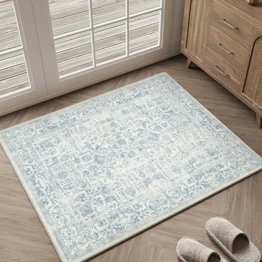 

Blue Entryway Area Rug 2x3 Door Mat hine Washable Kitchen Distred Non Slip Carpet Indoor Retro Floral Accent Throw Small Rug f