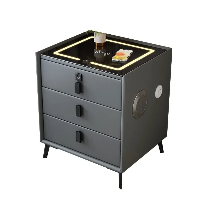 #Luxury Solid Wood Nightstand Three-Drawer Smart Wireless Charging Bedside Table Compact Bedroom Leather Accents Integrated Tabl