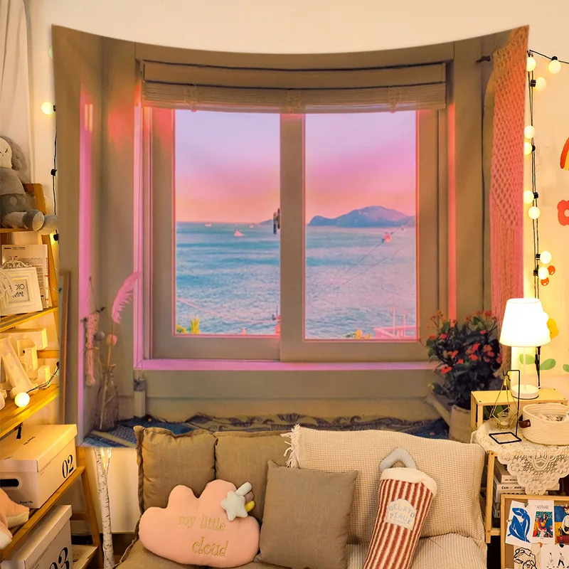 VIKAMA Moon Night Window Wall Tapestry Sea View Pink Room Bookshelf Wall Hanging Backdrop for Bedroom Decoration