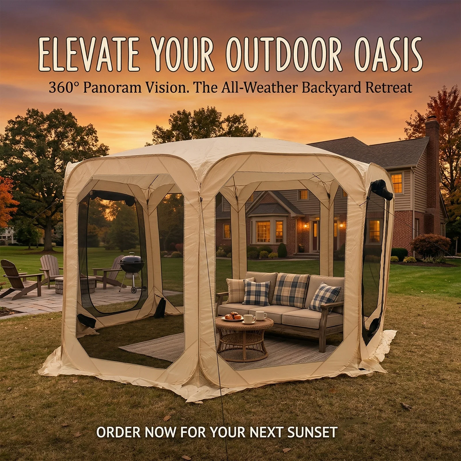6-8 Person Pop Up Gazebo for Park Events, Octagonal Screen Canopy Tent, Portable Outdoor Gathering Shelter