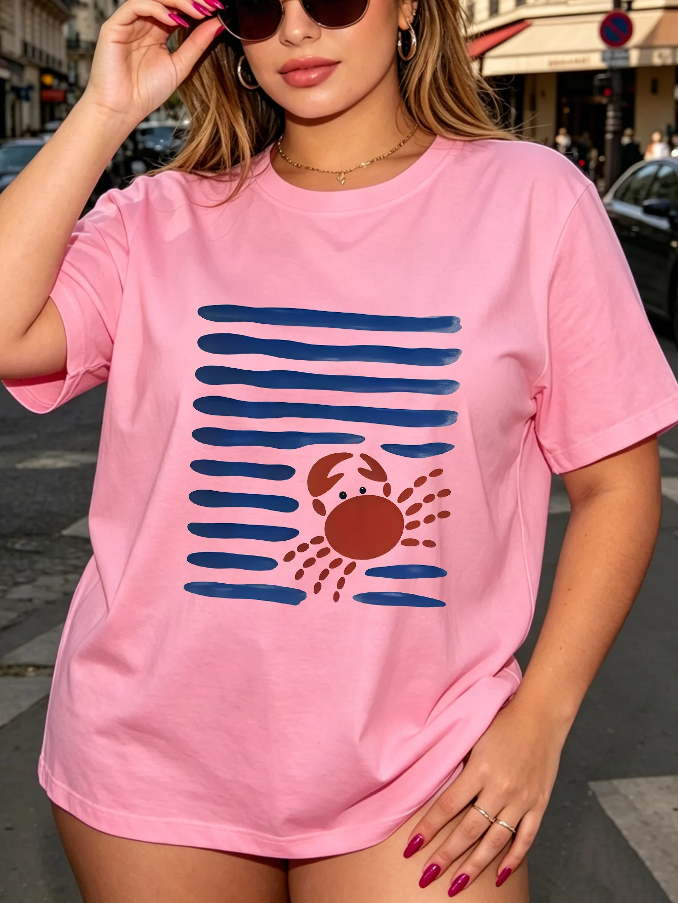 Women Crew Neck Tee Crab And Blue Stripes Graphic Print Short Sleeve Loose Ladies Summer Soft Cotton Plus Size Casual Street Top
