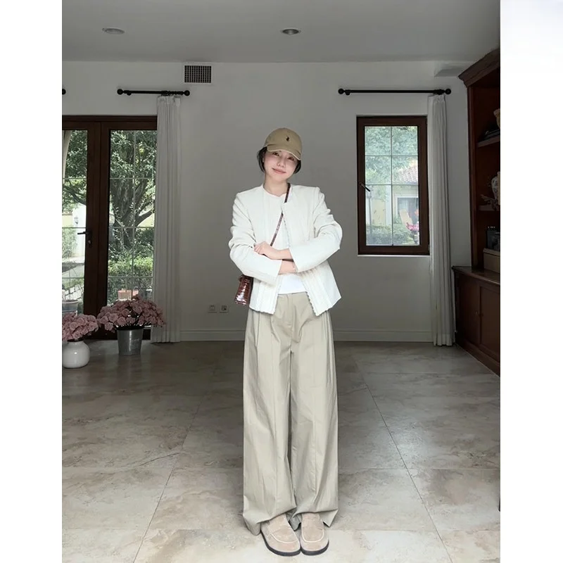 

Комплект: Пальто из хлопковой смеси с эффектом похудения, повседневные свободные брюки с широкими штанинами, верхняя одежда с круглым вырезом, осенний топ для женщин, модный комплект