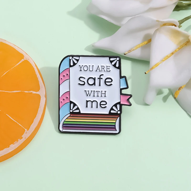 Creative Cartoon You Are Safe With Me Book Enamel Brooch Color Notebook Metal Badge Pins Trendy Unique Clothing Jewelry Gifts