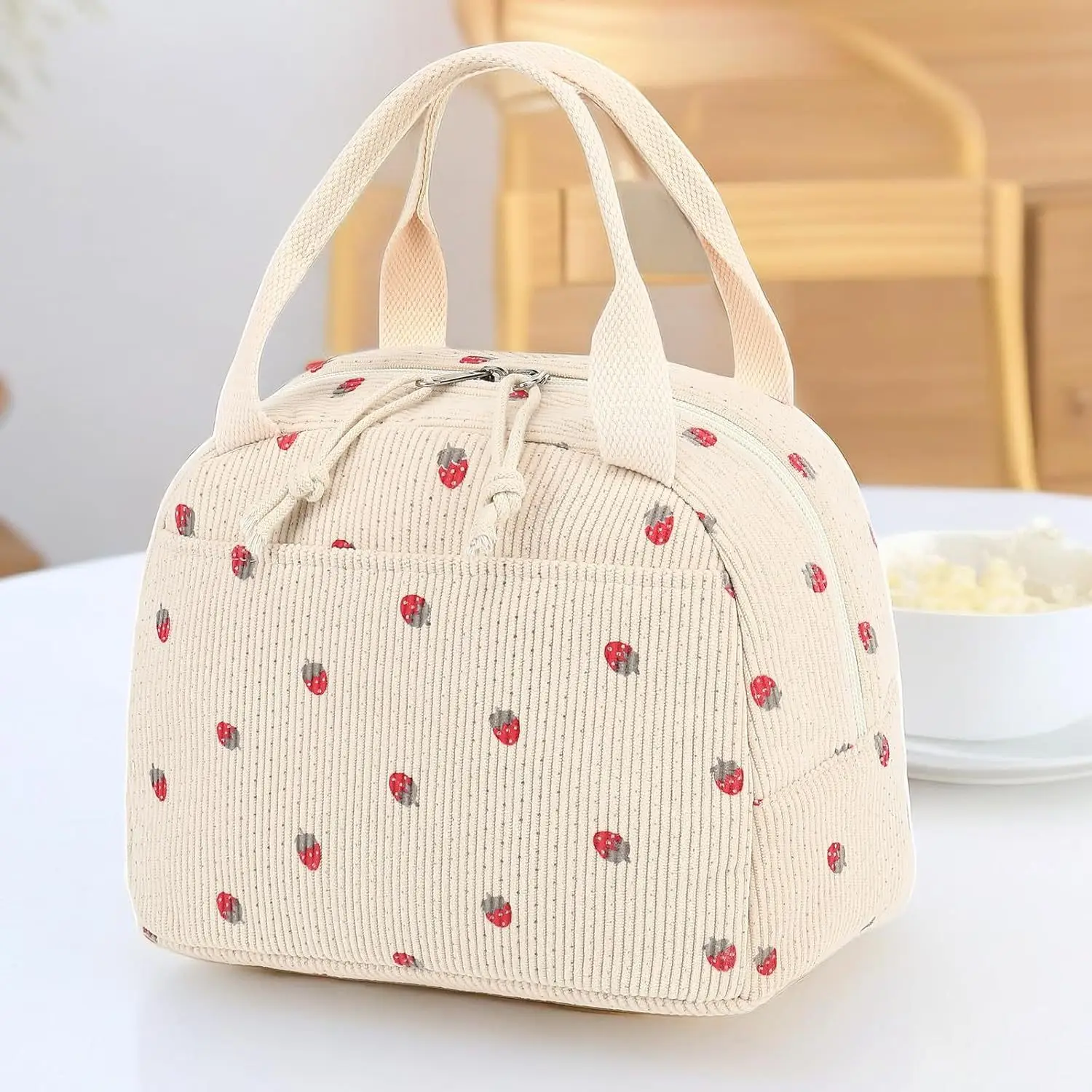 Lunchtasche für Damen und Herren, niedliche Cord-Lunch-Einkaufstasche, großes Fassungsvermögen, Kühltasche, Lebensmittel-Thermotasche für die